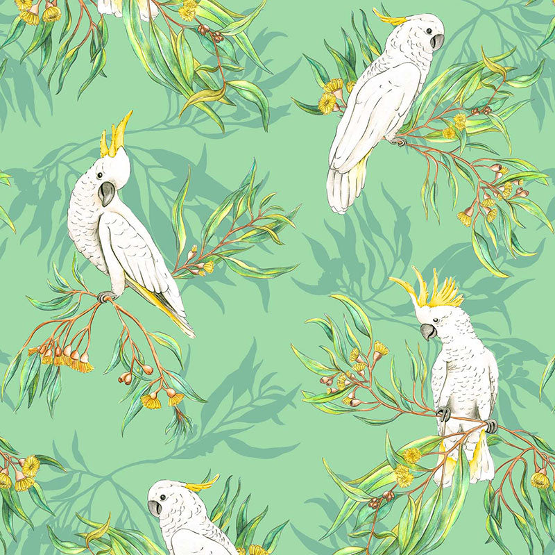 Michelle Holik Gumtree Friends Cockatoos on Green Allover