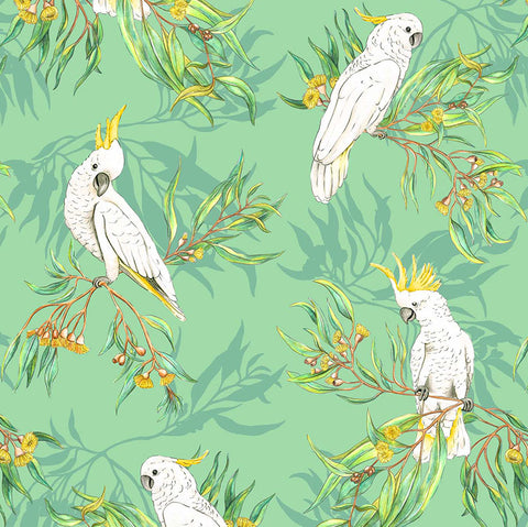 Michelle Holik Gumtree Friends Cockatoos on Green Allover