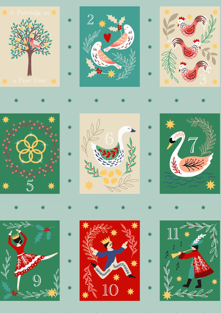 {New Arrival} Lewis & Irene 12 Days Of Christmas Squares on Winter Blue Gold Metallic 60cm Increments