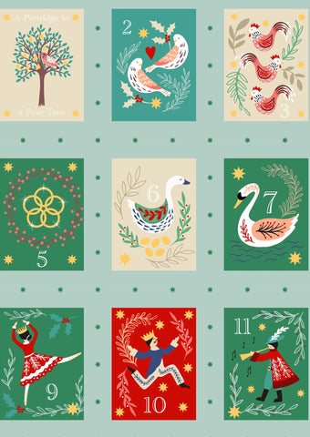 Lewis & Irene 12 Days Of Christmas Squares on Winter Blue Gold Metallic 60cm Increments
