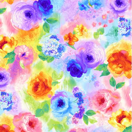 Timeless Treasures Chong-a Hwang Rainbow Blossom Multi Colorful Roses