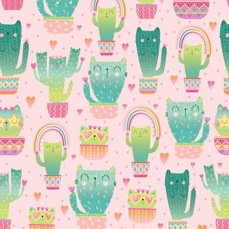 {New Arrival} Timeless Treasures Kitty Cactus Pink Quirky Cat Cacti