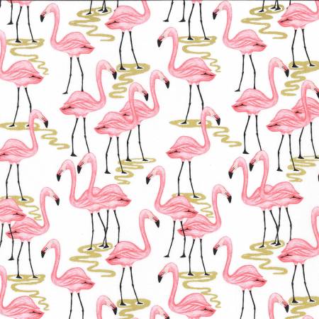 Michael Miller Glitter Critters White Flamingo Bay Metallic