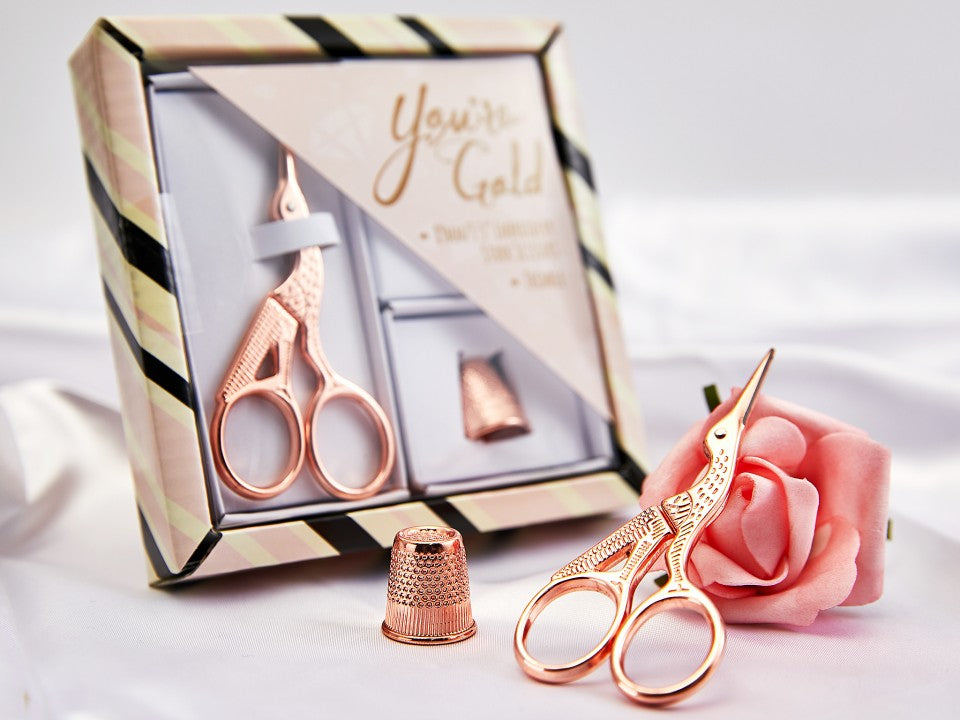 Rose Gold Gift Set Stork Scissors with Thimble