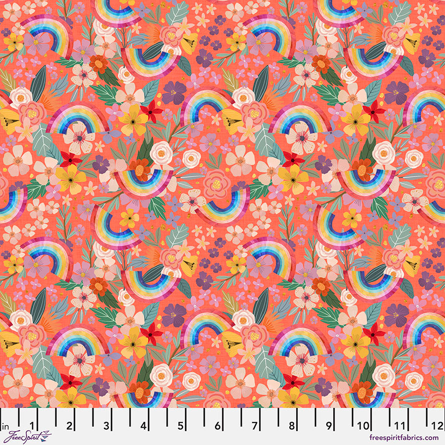 Freespirit Mia Charro Magic Friends Rainbows and Flowers - Coral
