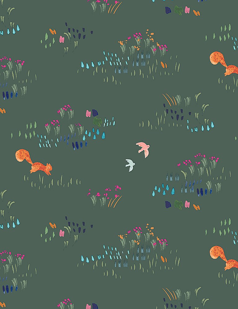 Dear Stella Fabrics Livin' On The Hedge Leaping Squirrel Emerald