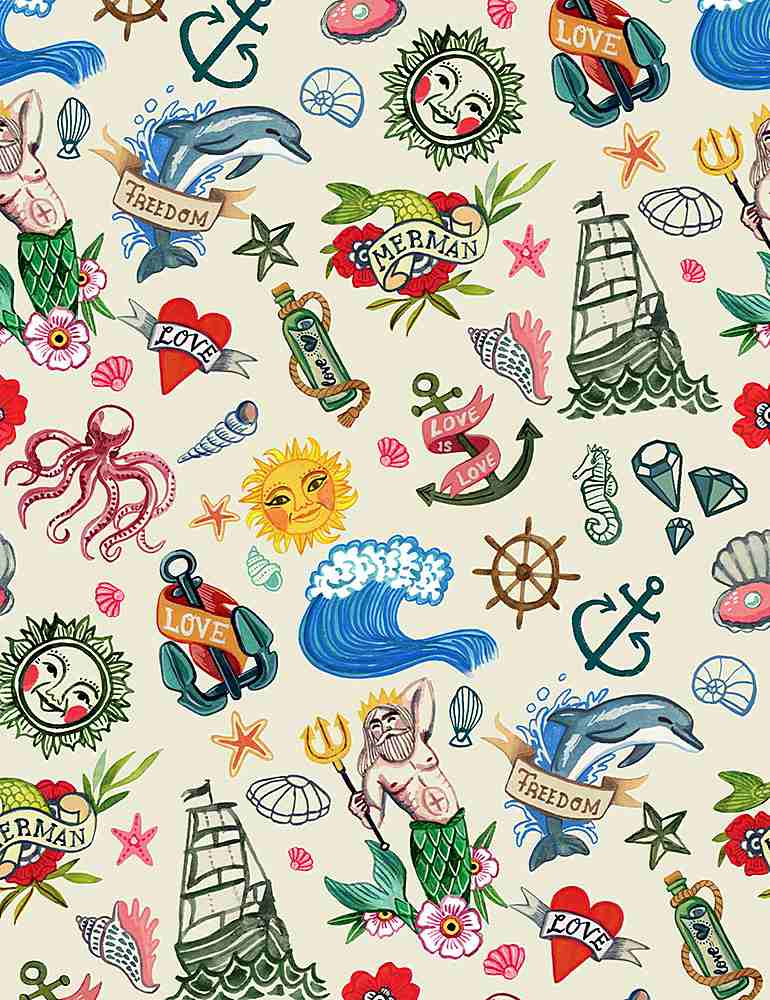 Dear Stella Fabrics You're a Catch Sea Tattoos Cream