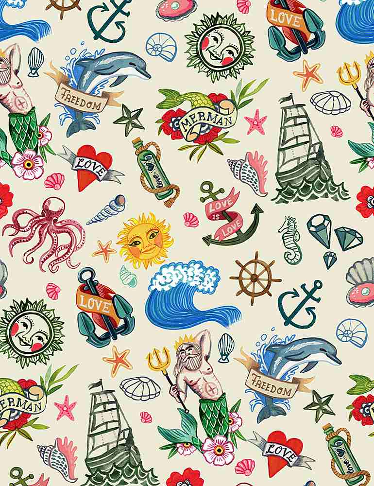 {New Arrival} Dear Stella Fabrics You're a Catch Sea Tattoos Cream