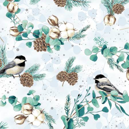 Hoffman Fabrics Fly Home For Winter Floral Birds Ice Blue/Silver Metallic
