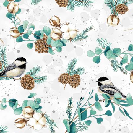Hoffman Fabrics Fly Home For Winter Floral Birds Snow/Silver Metallic