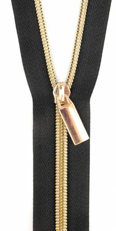 {New Arrival} Sallie Tomato Zippers By The Yard Black Tape Light Gold Teeth #5