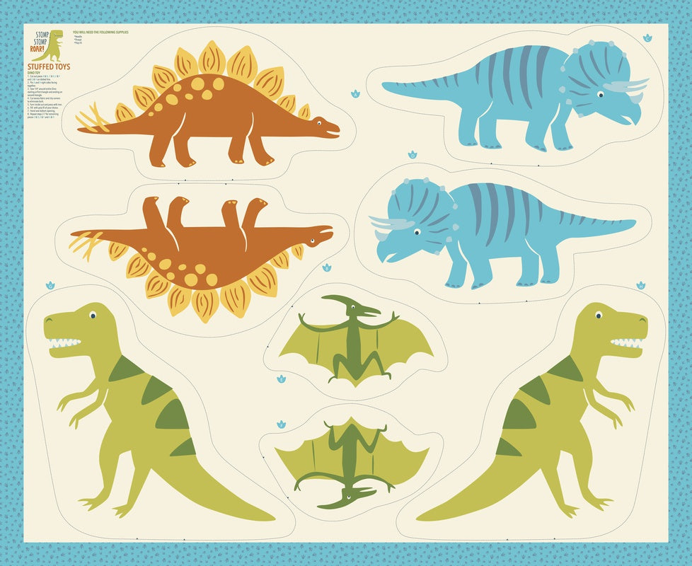 Moda Stacy Iest Hsu Stomp Stomp Roar Stuffed Dino Panel 90cm by 112cm