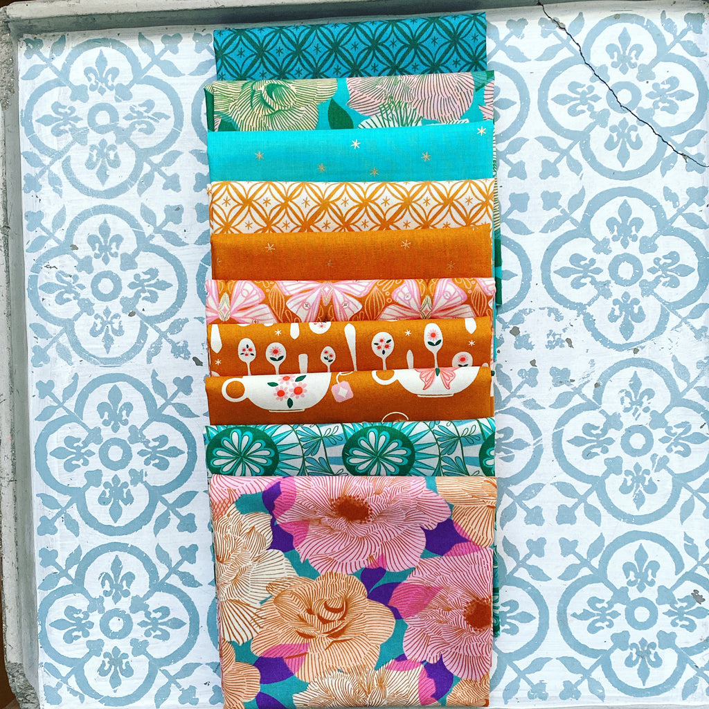 {New Arrival} Moda Ruby Star Society Camellia & Spark Fat Quarter Bundle x 10 Pieces Emerald/Caramel