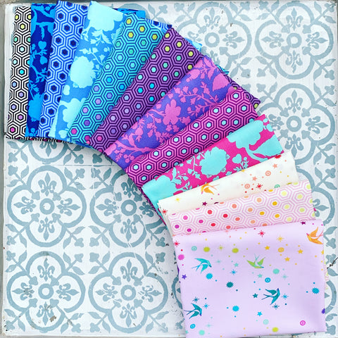 {New Arrival} Tula Pink True Colours/Linework Mixed Fat Quarter Bundle x 12 Purple/Blue