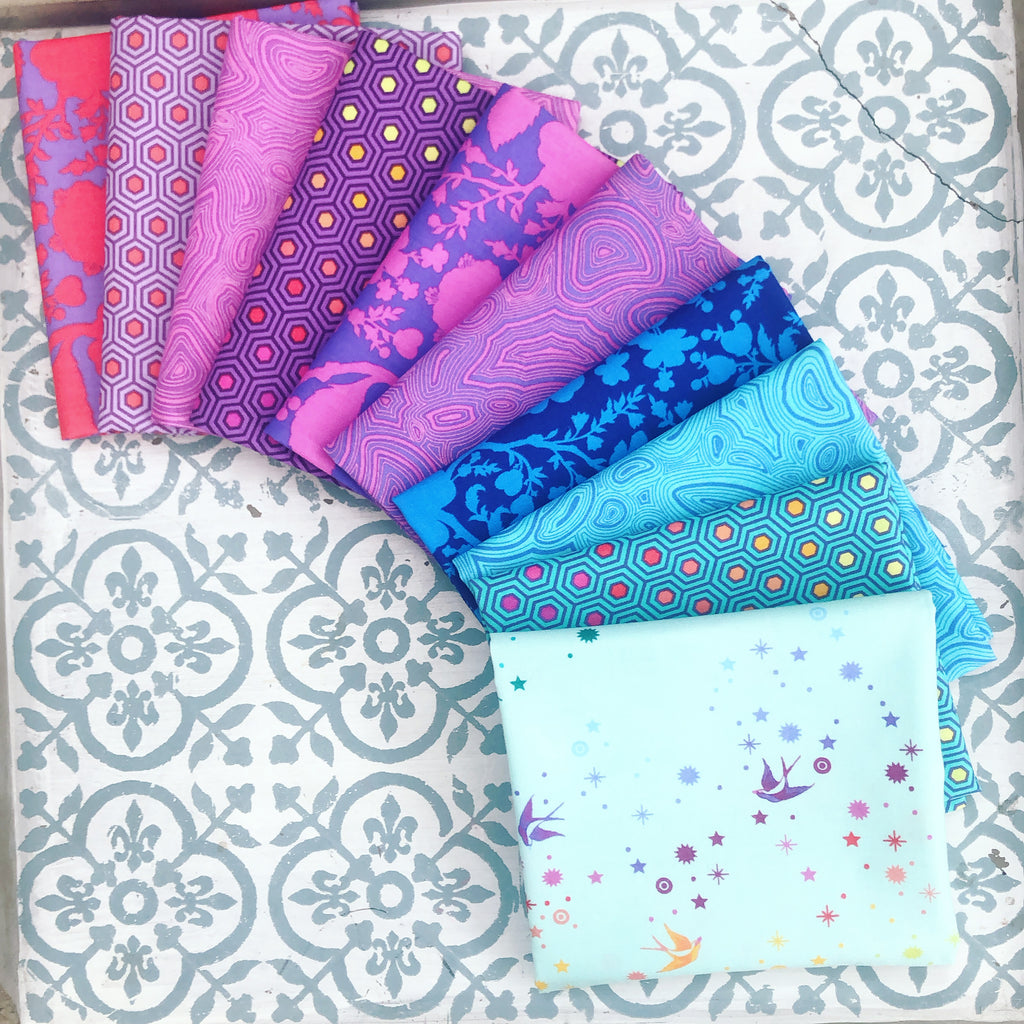 {New Arrival} Tula Pink True Colours Mixed Fat Quarter Bundle x 10 Purple/Blue/Mint