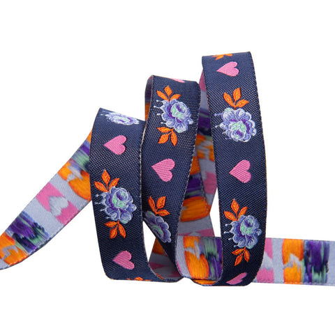 {New Arrival} Tula Pink Curiouser & Curiouser Renaissance Ribbon Painted Roses Navy-5/8"
