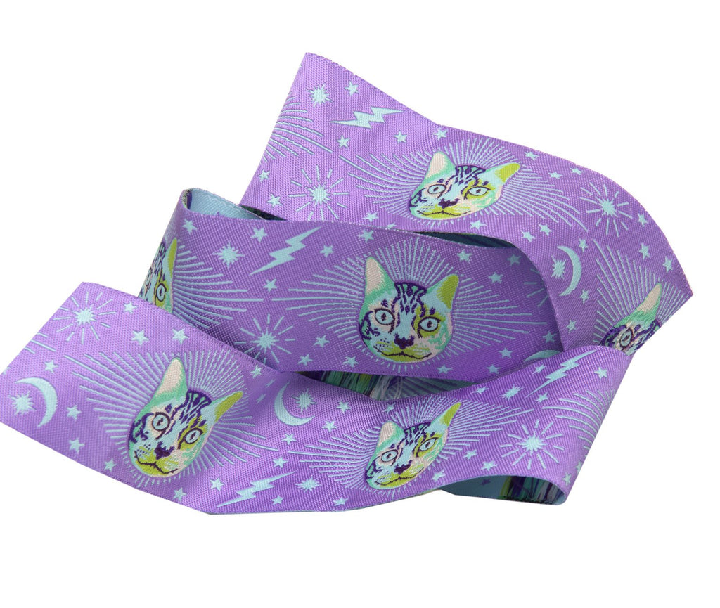 {New Arrival} Tula Pink Curiouser & Curiouser Renaissance Ribbon Cheshire Cat on Purple-1 1/2"