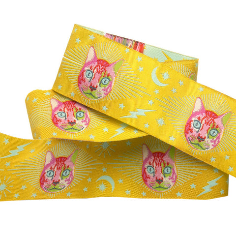 {New Arrival} Tula Pink Curiouser & Curiouser Renaissance Ribbon Cheshire Cat on yellow-1 1/2"
